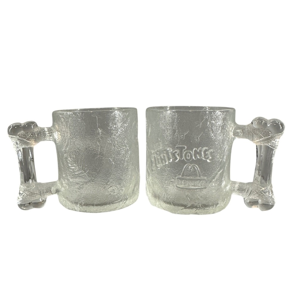 Vintage McDonalds Flintstones Mugs 1993 Clear Glass Bone Handle Set‎ of 2